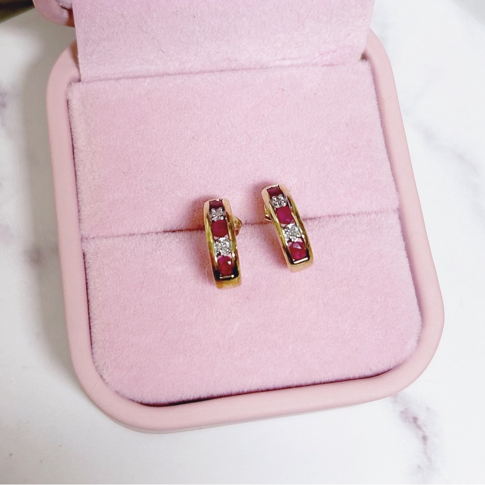 10k Solid Gold Ruby & Diamond J Style Huggie Earr… - image 2
